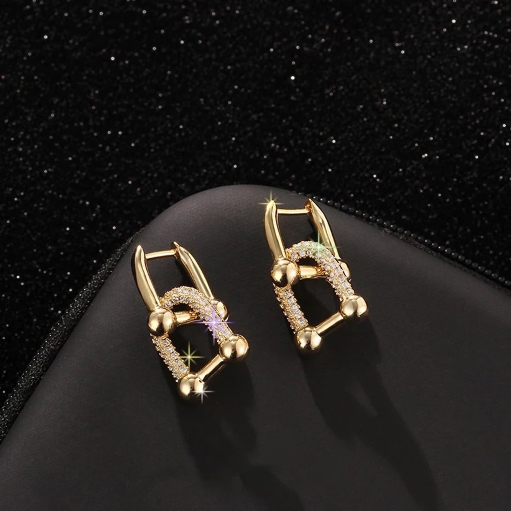 Anthro Crystal Horseshoe Mini Hinges U-Shaped 2-Dangle Drop Earrings Clear Dia - Picture 12 of 16